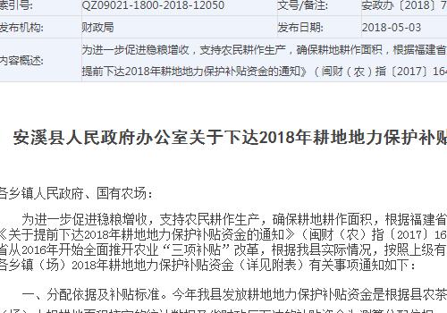 關(guān)于下達(dá)2018年安溪縣耕地地力保護(hù)補(bǔ)貼資金的通知