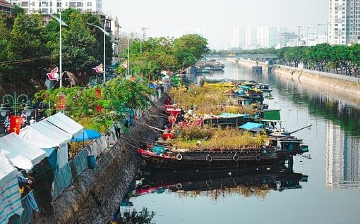 春節(jié), Tet市場(chǎng), 西貢, 花船, 河, 越南